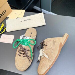 Miu Miu Tan Slippers with Green and Brown Laces